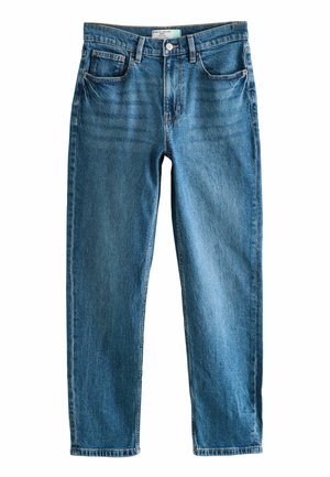 Blauwe denim jeans met een recht model, voorzien van een tailleband, vijf zakken en subtiele vervagingen op de dijen. Klassieke stijl en materiaal.