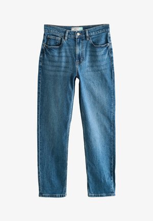 Jeans in denim blu con taglio dritto, dotati di cintura, cinque tasche e sfumature leggere sulle cosce. Stile e materiale classico.