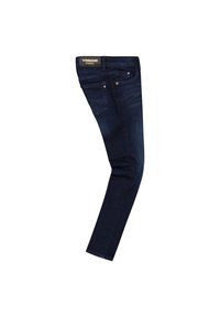 Dunkelblaue Denim-Jeans im Slim-Fit-Schnitt mit fünf Taschen, einem markenbezogenen Bund und kontrastierenden Nähten. Glatte Textur mit leichter Ausbleichung.