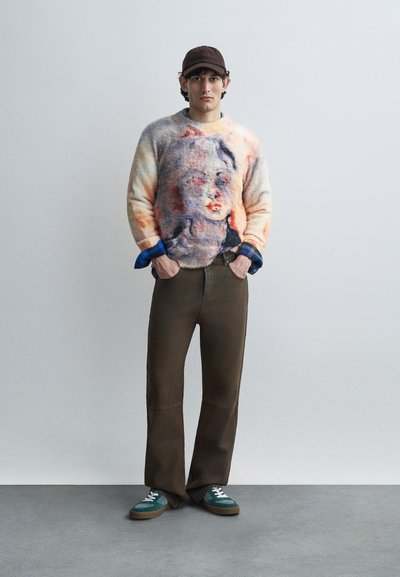 Θολό πολύχρωμο πουλόβερ με σχέδιο πορτραίτου, μπλε μανσέτες· συνδυάζεται με καφέ παντελόνι με φαρδιά πόδια και πράσινα αθλητικά παπούτσια με λευκά κορδόνια.