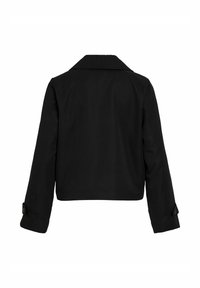 Veste courte noire avec manches longues, large col et poignets boutonnés, présentée de dos sur fond blanc.