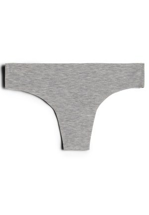 Grijze katoenen string met een gladde textuur, voorzien van een minimalistisch ontwerp zonder zichtbare hardware of patronen. Hoog uitgesneden aan de zijkanten.
