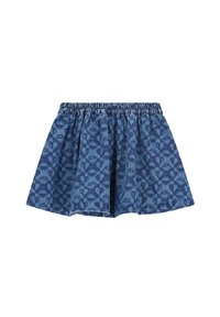 Shorts à motif floral bleu avec une taille élastique, fabriqués à partir d'un tissu doux. Le design présente une combinaison de teintes bleu foncé et bleu clair.