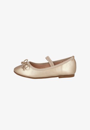 Bailarinas en material dorado brillante, con punta redondeada, tira elástica y detalle decorativo de lazo en la parte frontal. Suela plana, textura suave.