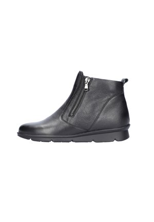 Black leather ankle boot featuring a side zipper, rounded toe, low heel, and textured finish, designed for comfortable wear.