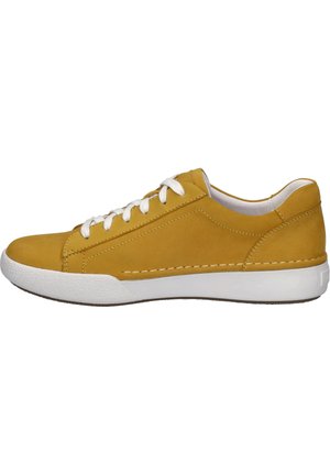 Yellow leather sneaker with white laces and rubber sole. Features stitching accents and rounded toe design for a casual look.