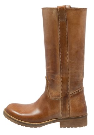 Hoher brauner Lederstiefel mit niedrigem Blockabsatz, seitlichem Zuglasche und abgerundeter Spitze, seitlich auf weißem Hintergrund gezeigt.