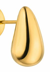 Goldener, tropfenförmiger Ohrring mit einer glatten, reflektierenden Oberfläche und einer einfachen Steckerbefestigung. Keine sichtbaren Muster oder Akzente.