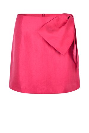 Rozā linu svārki ar gludu tekstūru, A-līnijas formu un lielu sasienamu mezglu sānos. Ir diskrēta rāvējslēdzēja aizdare mugurpusē.