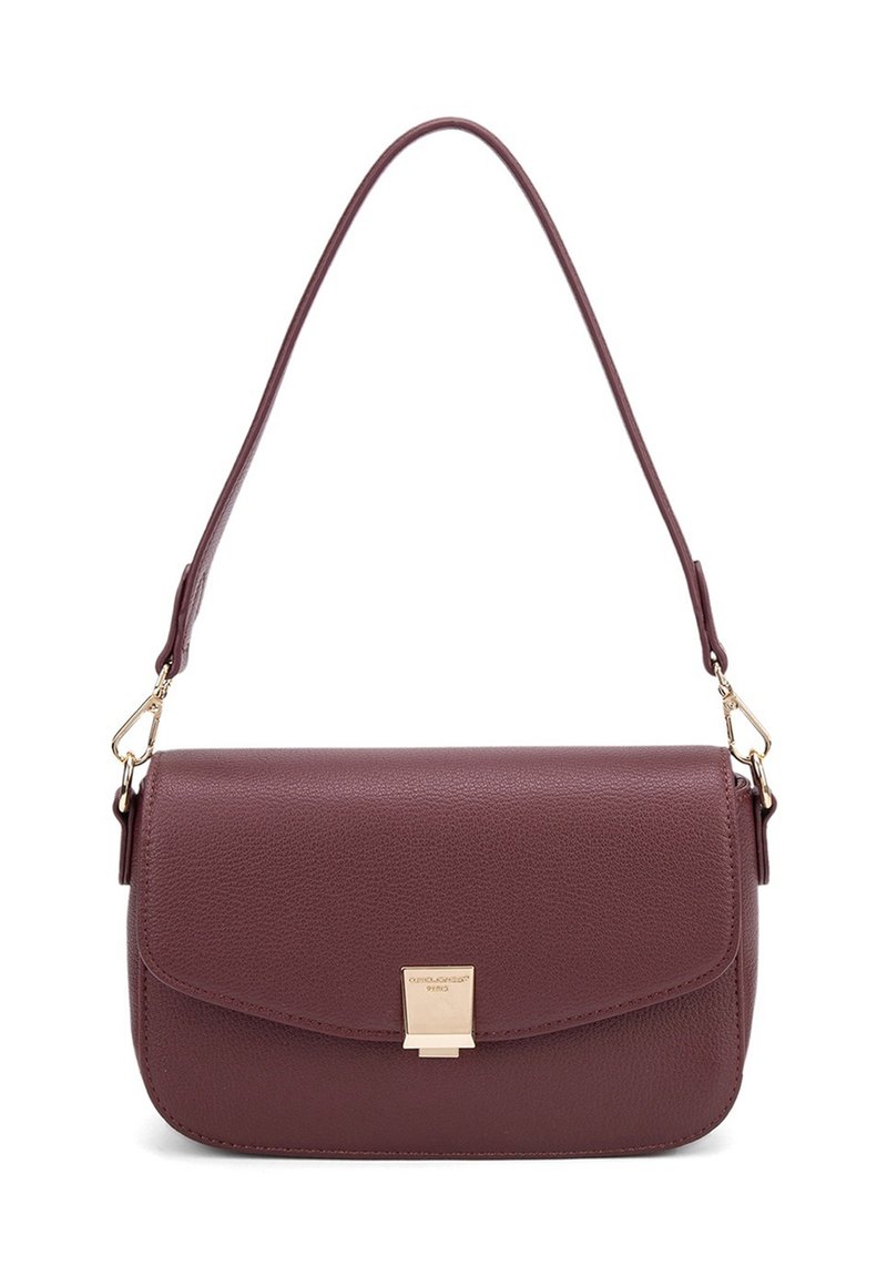 Borsa a tracolla in pelle color bordeaux con una chiusura rettangolare in tonalità oro, tracolla e superficie liscia; forma rettangolare con chiusura a patta.