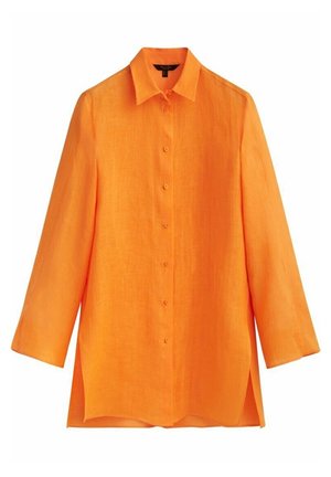 Long-sleeve orange button-up shirt with collar, made of lightweight fabric, featuring side slits at the hem.