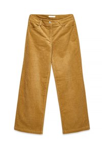 Wide-leg mustard yellow corduroy pants with front pockets, belt loops, and button closure.