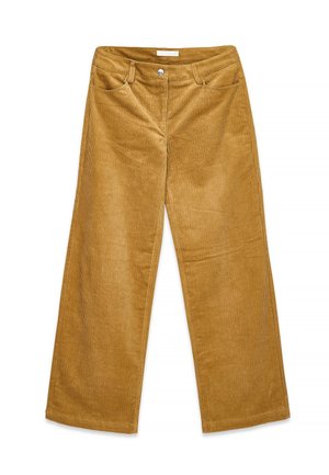 Wide-leg mustard yellow corduroy pants with front pockets, belt loops, and button closure.