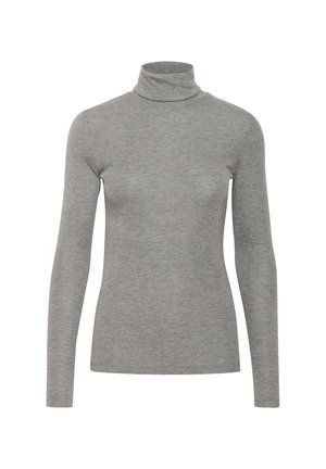 Grå turtleneck langærmet skjorte lavet af blødt stof, med en tætsiddende design og høj krave. Glat tekstur med minimal dekoration.
