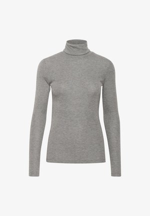 Grå turtleneck langærmet skjorte lavet af blødt stof, med en tætsiddende design og høj krave. Glat tekstur med minimal dekoration.