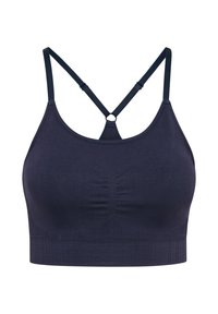 Donker marineblauwe naadloze bralette met verstelbare banden en een driehoekig rugontwerp. Heeft een geplooid midden en een textuurband onder de buste.