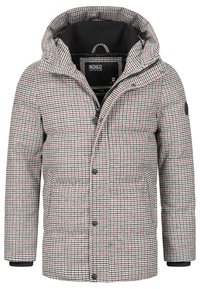 Tikkitakki hupulla, jossa musta-valko-punainen ruutukuvio, vetoketju ja nepparikiinnitys sekä kaksi sivutaskua.