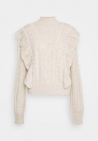 Pull en maille torsadée couleur crème avec des détails à volants le long des côtés avant et des manches longues, doté d'un col montant.