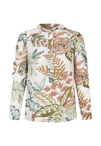 Camicia a maniche lunghe con base bianca e motivi floreali e di foglie multicolori in tonalità di verde, rosa e marrone; include un collo rotondo.