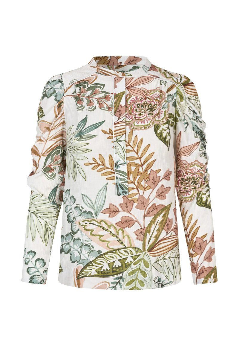 Long-sleeve blouse in lightweight fabric with a white base, featuring colorful floral patterns in green, pink, and brown tones. Placket detail present.
