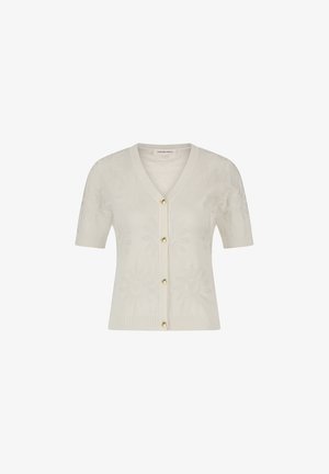 Short-sleeve, V-neck cardigan in cream with floral knit pattern, featuring six golden buttons down the front and ribbed hem and sleeves.