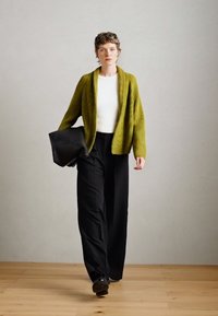 Cardigan verde a maglia, pantaloni neri lunghi e top bianco. La modella tiene una borsa nera. Tessuto liscio, design aperto e vestibilità rilassata.