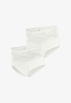 To hvide dameundertøj med høj talje, brede blonder i taljen og glat bomuldstof, vist på en ensfarvet baggrund.