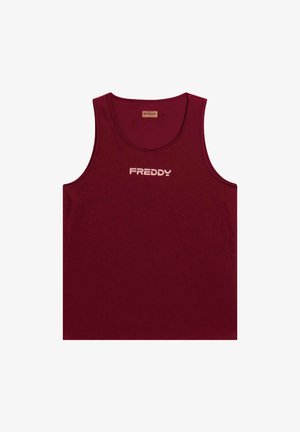 Canottiera senza maniche color bordeaux realizzata in morbido tessuto, con scollatura rotonda e un logo bianco "FREDDY" sulla parte anteriore.
