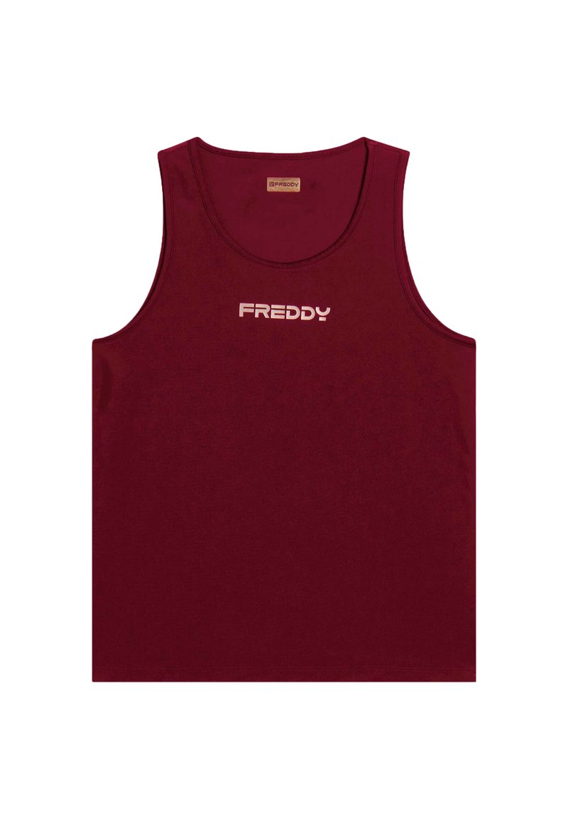 Canottiera senza maniche color bordeaux realizzata in morbido tessuto, con scollatura rotonda e un logo bianco "FREDDY" sulla parte anteriore.