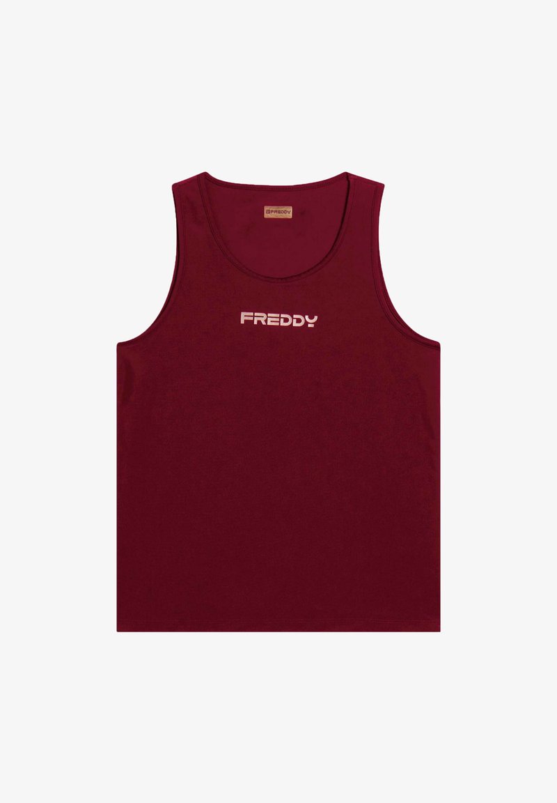 Camiseta sin mangas de color burdeos, hecha de tela suave, con un escote redondeado y un logo blanco "FREDDY" en el pecho.