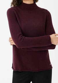 Pull à col roulé bordeaux en tissu doux, présentant une coupe ajustée, des manches longues, des fentes latérales et un discret accent de marque à l'ourlet.
