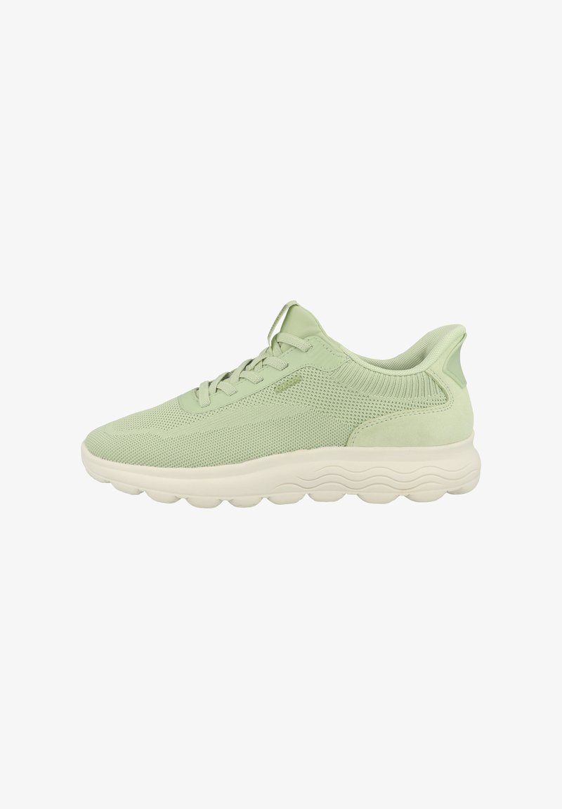 Light green athletic shoes with a textured mesh upper, padded collar, lace-up front, and a thick white rubber sole with wave pattern.