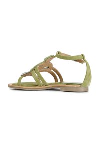Zielone zamszowe sandały o otwartym nosku, z wieloma regulowanymi paskami i płaską gumową podeszwą. Dekoracyjne akcenty na paskach.