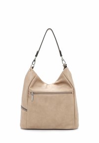 Bolso de hombro de piel vegana beige con un diseño relajado, un amplio compartimento principal y un bolsillo frontal con cremallera. Cuenta con una correa duradera.