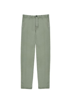 Pantalons en coton vert clair avec une coupe droite, dotés d'une fermeture éclair à l'avant, d'un bouton de fermeture, et sans motifs ni accents visibles.