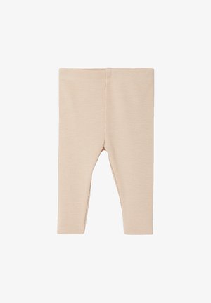 Beige, gerippte Baby-Leggings mit elastischem Bund, flach auf einem weißen Hintergrund präsentiert.