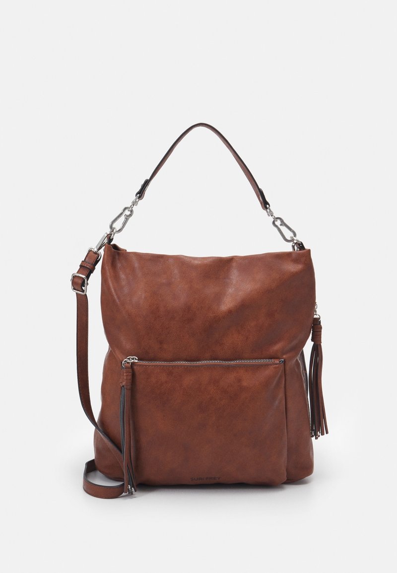 Sac bandoulière en cuir synthétique marron avec un design décontracté, une sangle réglable, une poche frontale zippée et un détail décoratif avec pampille.