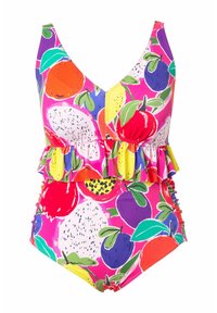 One-piece baddräkt med V-ringning, flerfärgad fruktprint på rosa bakgrund, volang i midjan och rynkningar på sidorna.