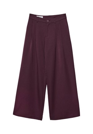Burgundy široké nohavice s hladkou textúrou, prednými skladmi, zapínaním na gombík a vysokým pásom.