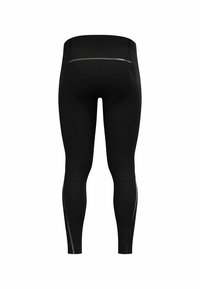 Black athletic leggings with a high waistband, contoured seat area, and reflective side accents. Designed for comfort and performance.