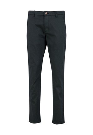 Tumedad hallid püksid kitsaste lõigetega, valmistatud puuvillasegusest materjalist, ühe nupuga kinnitusega ja vöökummidega.