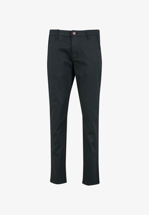 Pantalon gris sombre au design ajusté, en coton mélangé, avec une fermeture à bouton unique et des passants de ceinture.