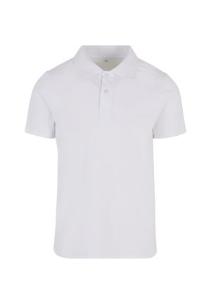 Weißes Polohemd mit kurzen Ärmeln aus glattem Baumwollstoff. Verfügt über einen klassischen Kragen, eine Knopfleiste mit zwei Knöpfen und einfache Nähte.