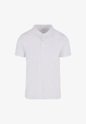 Weißes Polohemd mit kurzen Ärmeln aus glattem Baumwollstoff. Verfügt über einen klassischen Kragen, eine Knopfleiste mit zwei Knöpfen und einfache Nähte.