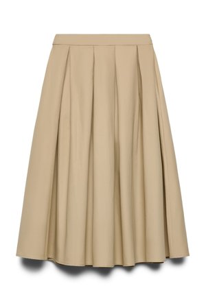 Jupe midi plissée beige avec une taille cintrée et une silhouette évasée, présentée sur fond blanc.