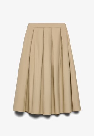 Jupe midi plissée beige avec une taille cintrée et une silhouette évasée, présentée sur fond blanc.