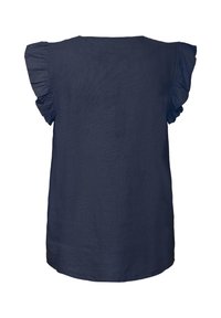 Mørkeblå ærmeløs bluse med flæseærmer, lige kant og enkel vævet stofstruktur.