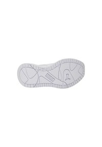 Suela de zapatilla blanca con un patrón texturizado, material de goma, con un detalle prominente y un logo. Diseñada para agarre y estabilidad.