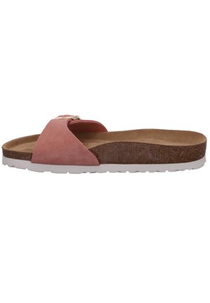 Pink suede slide sandal with a cork footbed, featuring a smooth white rubber sole and a metal buckle accent on the upper strap.