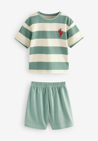 Pasiasty bawełniany t-shirt w kolorze zielonym i kremowym z motywem kaktusa, w zestawie z pasującymi zielonymi szortami z elastycznym paskiem.